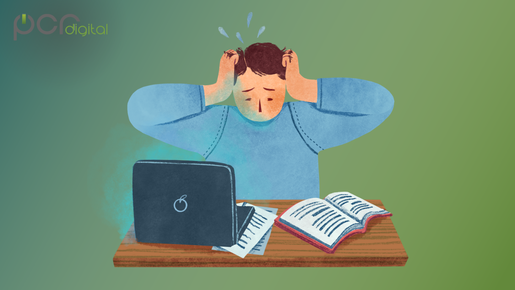 Decorative cartoon of a stressed IT worker